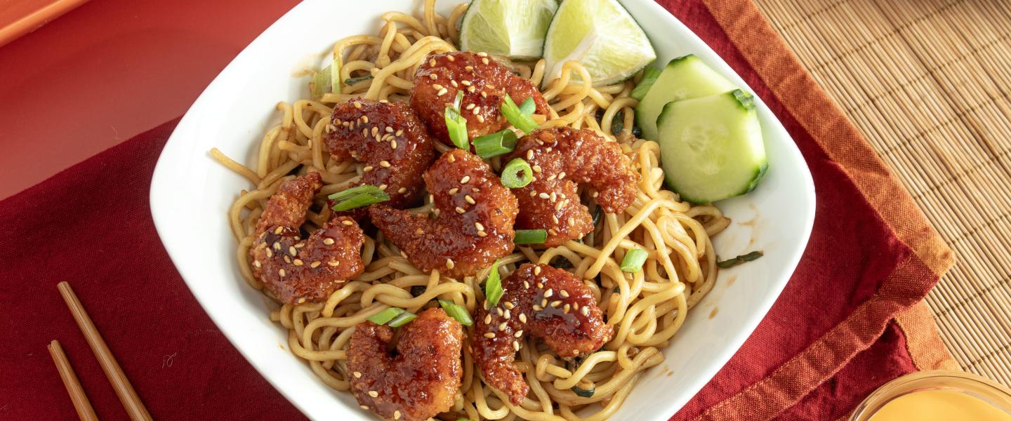 Korean-Style Crunchy Shrimp over Gochujang Noodles