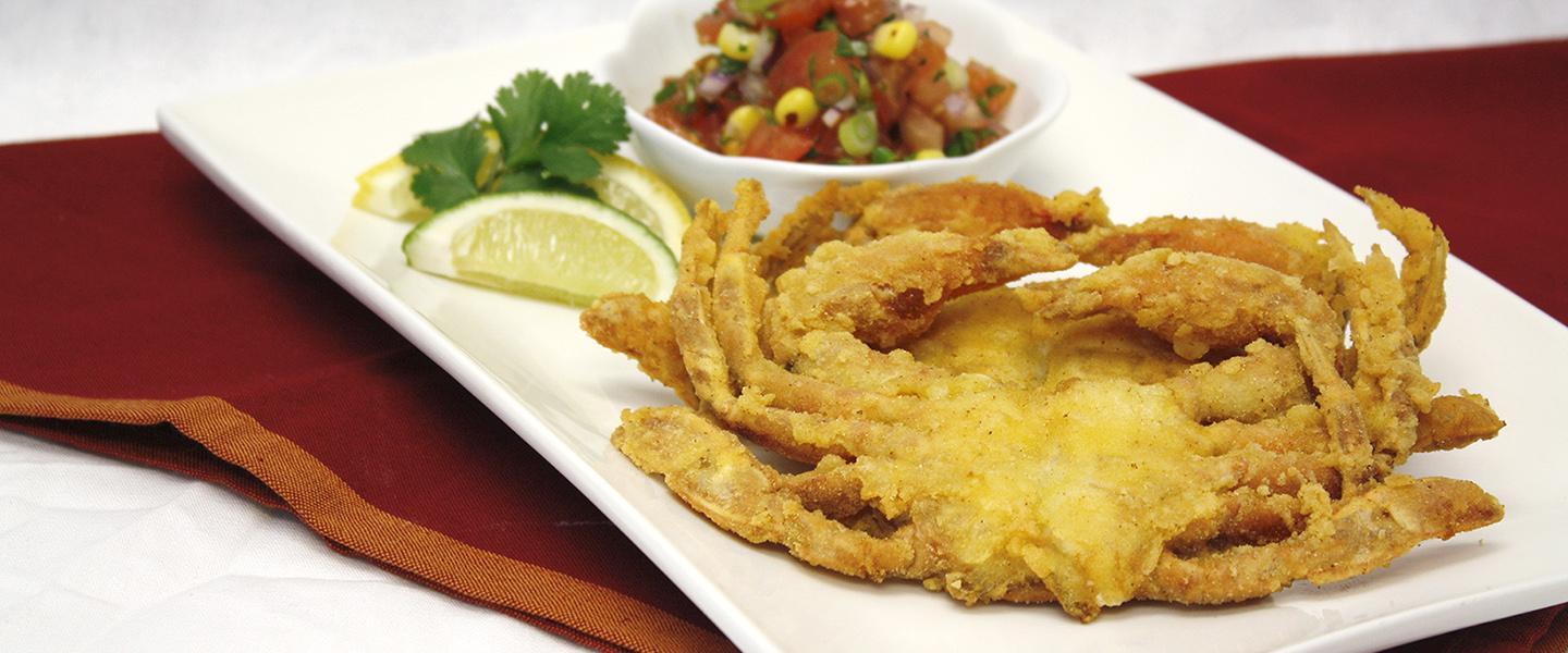 Corn flour dusted soft shell crabs