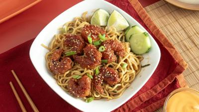 Korean-Style Crunchy Shrimp over Gochujang Noodles